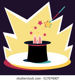 Rabbit in the hat Vector illustration Rabbit ears sticking out of the magician's hat Flat design