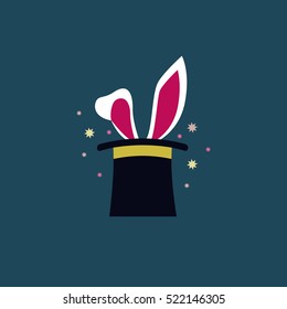 Rabbit in the hat Vector illustration Large rabbit ears sticking out from a cylinder hat Flat design