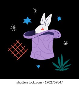 Rabbit in a hat vector illustration over black background. Trendy colored flat design about illusion and magic in our life.