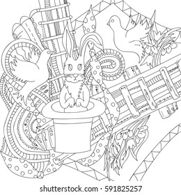 Rabbit in a hat. White doves. Scarves and accessories for magic tricks. Circus show. Freehand sketch. Black outline on a white background. Book coloring.