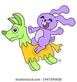 The rabbit is having fun playing riding the horse toy carousel, vector illustration art. doodle icon image kawaii.