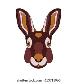 Rabbit head with big ears. Brown hare. Vector rabbit face isolated on grey background. Flat vector illustration for t-shirt print, notebook or poster design.