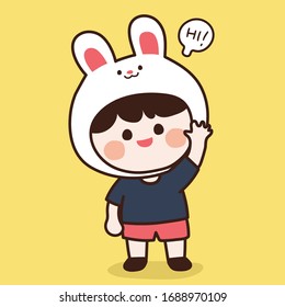 El cabecilla de conejo dice hola y agita una pose a mano. Saludo de niño sonriente. Caricatura infantil. Vector.  Ilustración.