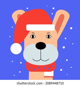 Rabbit head in Christmas hat. New Year and Christmas theme. Vector illustration in a flat style