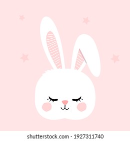 Rabbit head with closed eyes and stars on pink background vector illustration. Cute cartoon character.