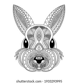 Rabbit head coloring book illustration. Black and white lines. Print for t-shirts and coloring books.