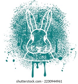 Rabbit head. Face stencil on splashes of blue paint spray. Symbol 2023 year of the rabbit. Background for t-shirt, retro bunny portrait emblem, template and vintage design element. Vector illustration