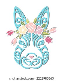 Rabbit head with flowers wreath isolated on white background. Symbol of 2023 New Year. Vector illustration.