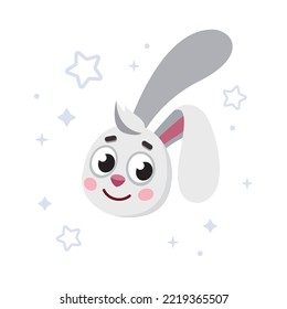 Rabbit head. Hare with stars, kids illustration, print for clothing. Symbol of lunar new year. Vector cartoon rabbit. Character, mascot, symbol, sign of Chinese New year.