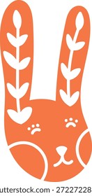 Cabeza de conejo con orejas con motivos de hojas, cara triste y líneas de silueta atrevidas. Símbolo de empatía, sentimiento y ternura para los niños y la marca. Ilustración vectorial de dibujos animados.