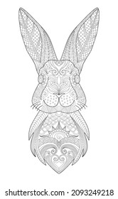Rabbit head line art for children or adult coloring book. Hare bunny portrait. Vector graphic, coloring page. Hand-drawn with ethnic floral doodle pattern. Zendala, spiritual relaxation. Zen