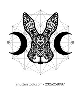 Rabbit head mandala. Vector illustration. Adult coloring page. Hare Animal in Zen boho style. Sacred, Peaceful. Tattoo print ornaments. Black and white