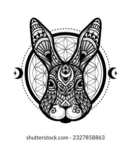 Rabbit head mandala. Vector illustration. Adult coloring page. Hare Animal in Zen boho style. Sacred, Peaceful. Tattoo print ornaments. Black and white