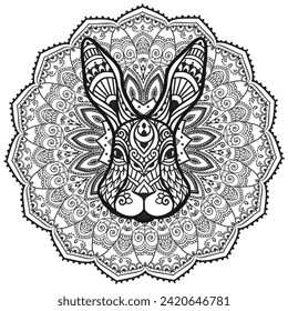 Rabbit head mandala. Vector illustration. Adult coloring page. Hare Animal in Zen boho style. Sacred, Peaceful. Tattoo print ornaments. Black and white