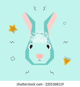 Cabeza de conejo al estilo de Memphis. Resumen de la ilustración moderna de formas simples. Tarjeta de Año Nuevo. Símbolo de 2023. Carácter lindo. Ilustración vectorial.