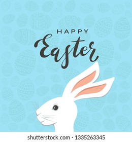 Rabbit head on blue background with Easter eggs. Cute bunny and lettering Happy Easter, illustration.