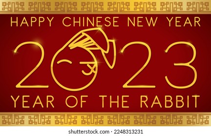 Rabbit head in outlines forming number 2023, greeting in golden color and red background for Chinese New Year.