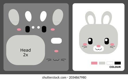 Patrón de cabeza de conejo para manualidades infantiles o artesanías de papel. Ilustración vectorial del rompecabezas del conejito. patrones de corte y pegamento para la artesanía infantil.