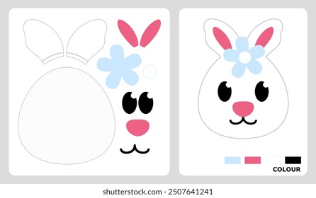 Rabbit head pattern for kids crafts or paper crafts. Vector illustration of bunny puzzle. cut and glue patterns for children's crafts.