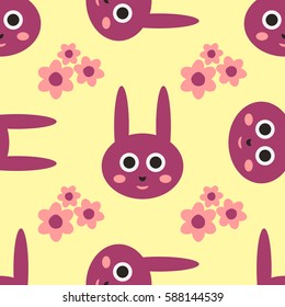 Rabbit head with smiling face. Abstract flowers. Cute seamless pattern. Vector illustration. Colorful children's print. Pink, purple, yellow.