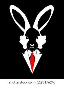 Rabbit head in a tuxedo, art background black and white