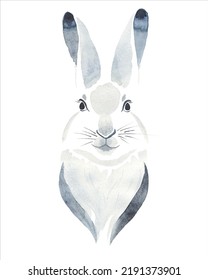 Rabbit head watercolor drawing in grey-blue tones. Vector illustration of Chinese New Year 2023 symbol, year of the rabbit. Isolated on white  background. Season greeting card. New Year card, poster.