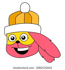 rabbit head wearing a laughing face beanie hat, vector illustration carton emoticon. doodle icon drawing