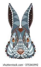 Rabbit head zentangle stylized with heart on forehead, vector, illustration, pattern, freehand pencil, hand drawn. Color. Easter.