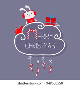Rabbit in headphones, giftbox, snowflake, ball. Merry Christmas card. Hanging Candy Cane. Dash line with bow. Flat design. Violet background. Vector illustration