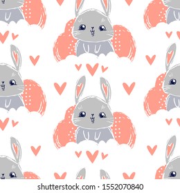 Rabbit with heart background for textile. 
Bunny cute cartoon character childish seamless pattern. Vector illustration. Print design stock.