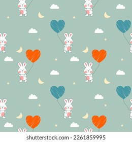 Rabbit and heart balloon in the sky cartoon so cute.on cloud star moon and green background. Pattern seamless vector illustration.
