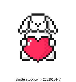 Rabbit with heart icon in pixel art design. Love symbol for Valentine's Day or birthday. Isolated on white background vector sign
