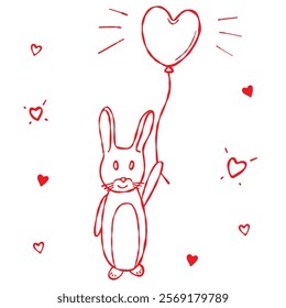 A rabbit with a heart shaped balloon. Doodle style hand drawn illustration. Love-themed web or digital designs, Valentines Day, weddings, anniversaries, greeting cards, prints, invitations, stickers