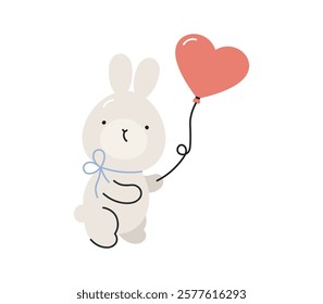 Сute rabbit with heart shaped balloon. Isolated on white background. Valentine's day design. For card, posters, stickers, banners, printing on the pack, printing on clothes, fabric, wallpaper.