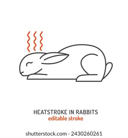 Rabbit heatstroke and fever icon. Hyperthermia in rabbits. Elevated body temperature, inflammation in pets. Pet health concerns. Editable vector illustration in line style isolated on white background