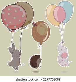 rabbit , hedgehog and elephant flying on balloons 