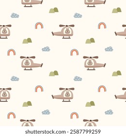 Rabbit in helicopter cartoon so cute. On mountain cloud rainbow background. Pattern seamless vector illustration. 