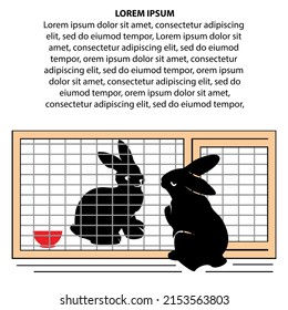 Rabbit helps his friend who is locked in a rabbit cage. Concept of mutual help.