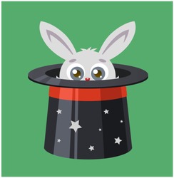 The Rabbit Hid In A Top Hat. Magician Shows A Trick. Vector Illustration Of A Hare And Magic.