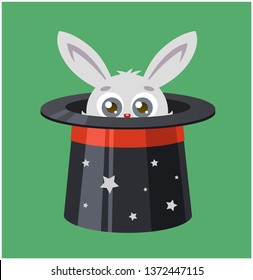 the rabbit hid in a top hat. magician shows a trick. vector illustration of a hare and magic.