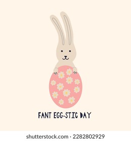 Rabbit hiding behind an Easter egg. Cartoon Bunny character. Happy Easter holiday concept for egg hunt design, print, social media, poster, postcard. Modern Flat Style