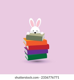 Rabbit hiding behind on a stack of colorful books