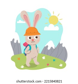 Rabbit hiking with backpack in nature in flat cartoon style. Summer character, outdoor activity.