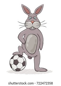 Rabbit with his leg on the ball ready to play. Cartoon illustration.