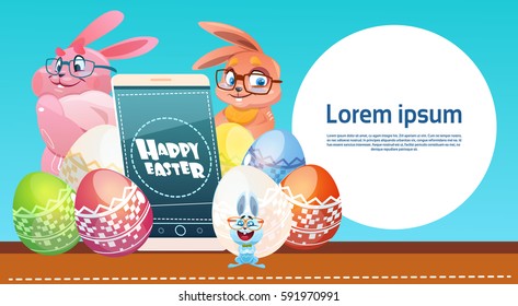 Rabbit Hold Cell Smart Phone Decorated Colorful Eggs Easter Holiday Symbols Greeting Card Vector Illustration