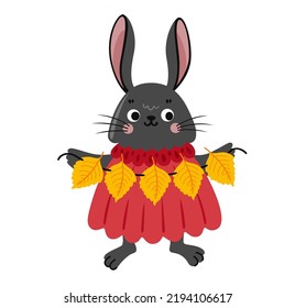 Rabbit holding autumn leaves garland. Cute black bunny cartoon character. Baby animal. Vector flat illustration.