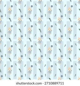 Rabbit holding balloon fabric pattern, blue striped background, light tones such as light blue and green make the pattern look bright and warm, suitable for use on children's fabrics and wallpaper.