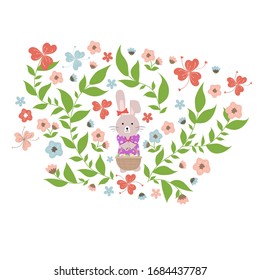 Rabbit holding a basket with Easter eggs. Template for a birthday card. - Vector