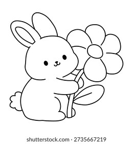 Rabbit holding a big flower coloring pages for kids. Trace and color Rabbit. Coloring page outline of rabbit. Animal rabbit easter coloring page for kids activity printable. Easter activity for kindergarten and preschool activity.
