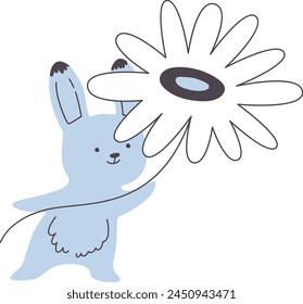 Rabbit Holding Big Flower Vector Illustration